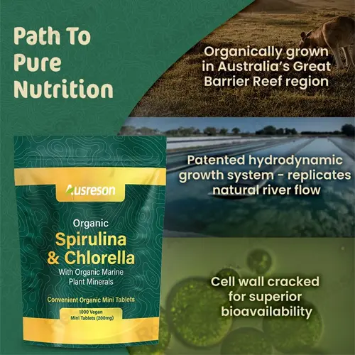 Organic Spirulina Chlorella tablets for detox and energy