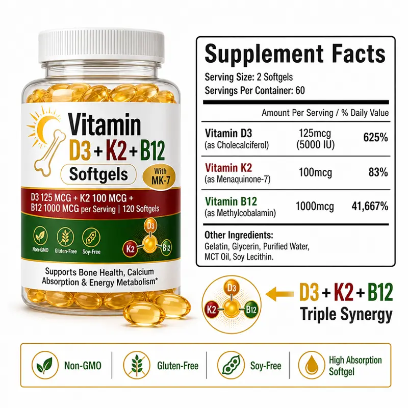 Vitamin D3 K2 Mk7 B12 Softgel Bone Health supplement Manufacturer