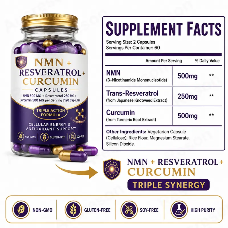 NMN + Resveratrol + Curcumin capsules antioxidant supplement supplier